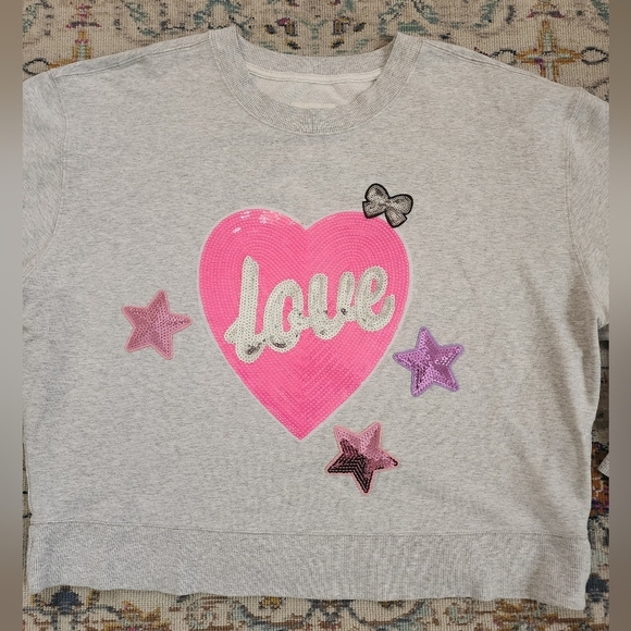 Abercrombie & Fitch, Upcycled Grey Oversized Sweatshirt Sequins Heart, sx XL - Picture 4 of 14